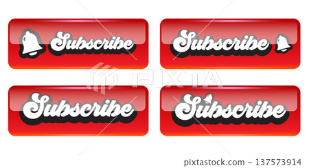 Retro Subscribe button set. Red glossy UI elements with notification bell icon and vintage script typography for social media and video channels. Modern call to action vector art on white. Retro Subscribe button set. Red glossy UI elements with notification bell icon and vintage script typography for social media and video channels. Modern call to action vector art on white. 137573914