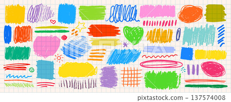 Crayon scribble box text underline set in bright yellow blue green pink and orange on grid background. Crayon line highlight strokes in rough pen texture. Perfect for journaling Crayon scribble box text underline set in bright yellow blue green pink and orange on grid background. Crayon line highlight strokes in rough pen texture. Perfect for journaling 137574008
