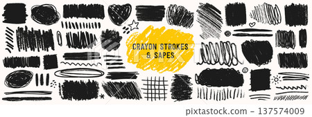 Crayon line highlight scribble box text underline set in black on white background with rough hand drawn shapes and strokes. Crayon line highlight marks in pen texture. 137574009