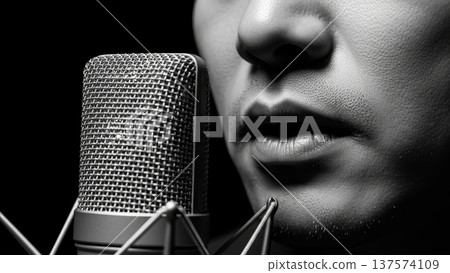 Professional African American woman singer recording vocals at studio microphone in black and white artistic photography Professional African American woman singer recording vocals at studio microphone in black and white artistic photography 137574109