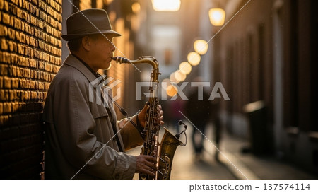 Street musician playing tenor saxophone at golden hour in urban alley with brick walls and warm bokeh lights performing jazz music Street musician playing tenor saxophone at golden hour in urban alley with brick walls and warm bokeh lights performing jazz music 137574114