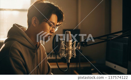 Young Asian man recording vocals in professional music studio with condenser microphone and boom arm setup Young Asian man recording vocals in professional music studio with condenser microphone and boom arm setup 137574122