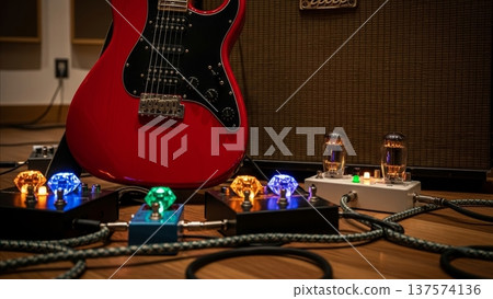 Electric guitar effects pedals with colorful LED lights and tube amplifier in professional recording studio setup 137574136