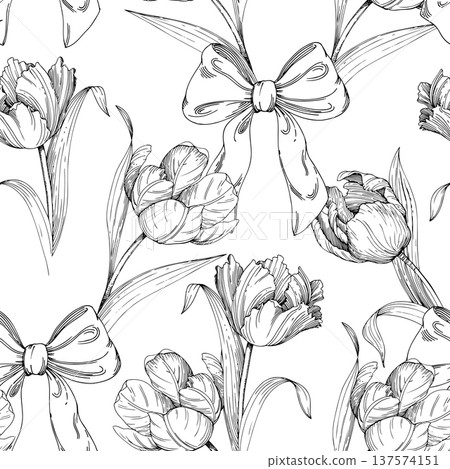 Seamless pattern of tulips and bows. Handmade ink vector illustration of tulip. For design of cards, cover, prints, product labels and fabric. Seamless pattern of tulips and bows. Handmade ink vector illustration of tulip. For design of cards, cover, prints, product labels and fabric. 137574151