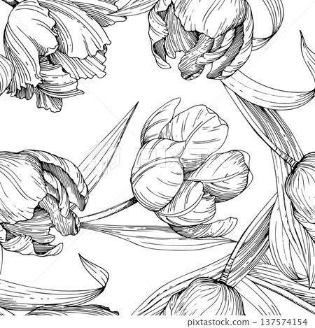 Seamless pattern of tulips. Handmade ink vector illustration of tulip. For design of cards, cover, prints, product labels and fabric. Seamless pattern of tulips. Handmade ink vector illustration of tulip. For design of cards, cover, prints, product labels and fabric. 137574154