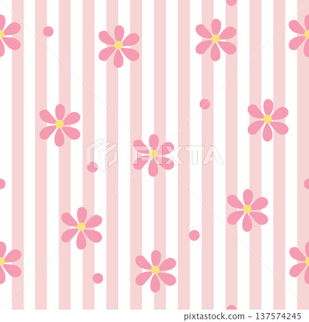 Seamless floral pattern with pink flowers and dots on vertical striped background Seamless floral pattern with pink flowers and dots on vertical striped background 137574245