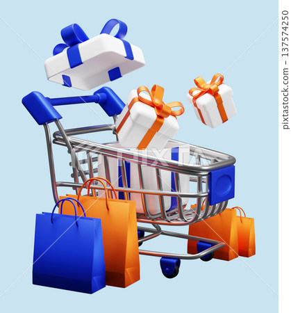 Shopping cart with floating gift boxes and paper bags for online shopping and ecommerce sale concept 3D render Shopping cart with floating gift boxes and paper bags for online shopping and ecommerce sale concept 3D render 137574250
