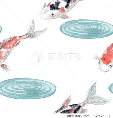 Koi fish seamless pattern with water ripples, Asian zen pond on white background. Hand painted watercolor oriental illustration for textile, wallpaper, fabric, wrapping paper and stationery design 137574284