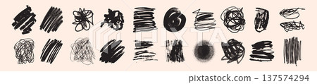 Hand drawn crayon scribble set, vector brush stroke texture print, doodle artistic decoration blob.  137574294