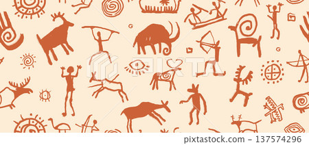 Cave prehistoric art seamless pattern, old naive ancient stone doodle hand drawn painting texture. Cave prehistoric art seamless pattern, old naive ancient stone doodle hand drawn painting texture. 137574296