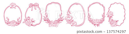 Floral doodle frame set, hand drawn spring flower border, peony wedding whimsical decoration print. Floral doodle frame set, hand drawn spring flower border, peony wedding whimsical decoration print. 137574297