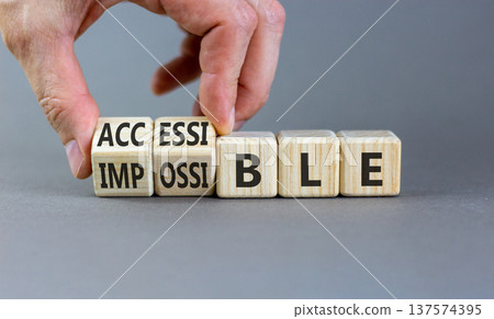 Accessible or impossible symbol. Concept words Accessible or Impossible on beautiful wooden blocks. Beautiful grey table grey background. Business accessible or impossible concept. Copy space. 137574395