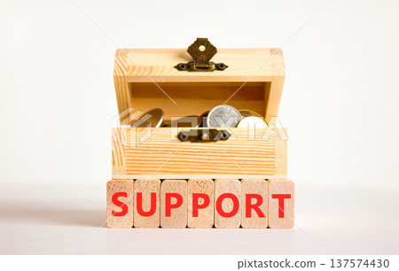 Support help word symbol. Concept word Support on beautiful wooden blocks. Beautiful white background. Beautiful wooden chest with coins. Business support help word concept. Copy space. 137574430
