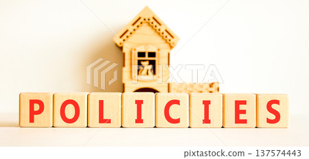 Policies word symbol. Concept word Policies on beautiful wooden blocks. Beautiful white background. Beautiful miniature wooden house. Business support help policies word concept. Copy space. 137574443