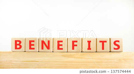 Benefits word symbol. Concept word Benefits on beautiful wooden blocks on wooden beam. Beautiful white background. Business support help benefits word concept. Copy space. Benefits word symbol. Concept word Benefits on beautiful wooden blocks on wooden beam. Beautiful white background. Business support help benefits word concept. Copy space. 137574444