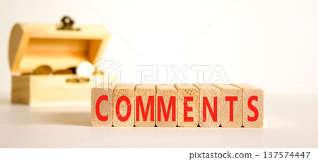 Comments comment word symbol. Concept word Comments on beautiful wooden blocks. Beautiful white background. Beautiful chest with coins. Business support help comments comment word concept. Copy space. Comments comment word symbol. Concept word Comments on beautiful wooden blocks. Beautiful white background. Beautiful chest with coins. Business support help comments comment word concept. Copy space. 137574447