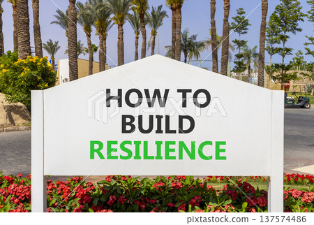 How to build resilience symbol. Concept words How to build resilience on beautiful white road sign. Beautiful palm trees blue sky background. Business how to build resilience concept. Copy space. How to build resilience symbol. Concept words How to build resilience on beautiful white road sign. Beautiful palm trees blue sky background. Business how to build resilience concept. Copy space. 137574486
