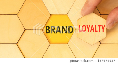 Brand loyalty words symbol. Concept words Brand loyalty on beautiful wooden puzzles. Beautiful yellow background. Businessman hand. Business and Brand loyalty words concept. Copy space. 137574537