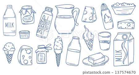 Dairy products, large set, doodle sketch style 137574670