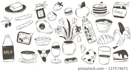 Hand drawn ink set of breakfast themed illustrations Hand drawn ink set of breakfast themed illustrations 137574671