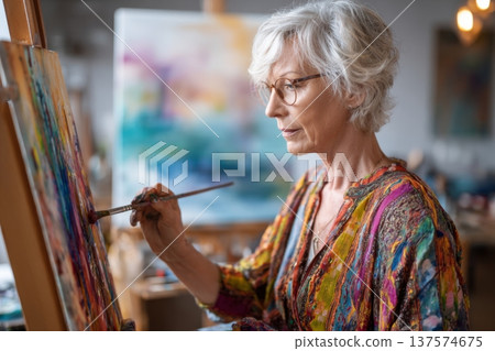 Senior Woman Enjoys Painting in Her Art Studio as a Creative Hobby After Retirement Using Vibrant Colors Senior Woman Enjoys Painting in Her Art Studio as a Creative Hobby After Retirement Using Vibrant Colors 137574675
