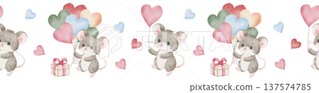 Seamless watercolor border featuring cute mice with heart balloons and gift boxes, perfect for baby shower invitations, Valentine's Day cards, and nursery decor patterns. White background. 137574785