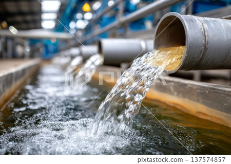 Industrial Wastewater Flows From Large Pipes in Factory, Creating Pollution in Channel 137574857