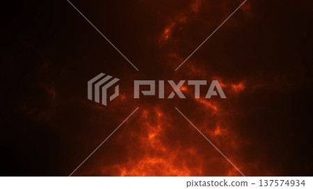 Fire red particle cloud with glowing ash texture on dark background. Abstract space scene with smoky plasma detail, hot ember glow and dramatic cosmic atmosphere. 137574934