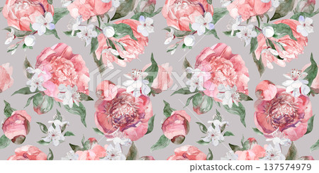 Monochrome botanical seamless watercolor pattern with delicate peonies for women is textiles and wallpaper Monochrome botanical seamless watercolor pattern with delicate peonies for women is textiles and wallpaper 137574979