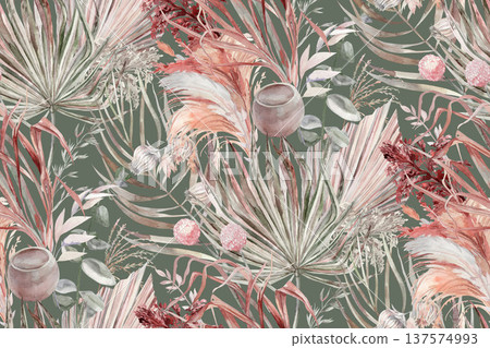 Summer watercolor pattern with orchid flowers and palm leaves for women's and interior textiles and wallpaper. Summer watercolor pattern with orchid flowers and palm leaves for women's and interior textiles and wallpaper. 137574993