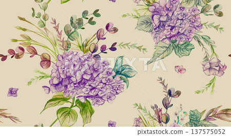 Vintage seamless pattern with purple hydrangea flowers drawn in pencil 137575052