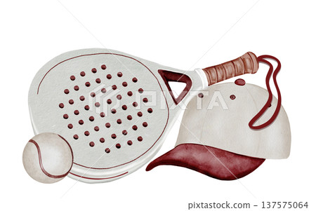Padel tennis racket, cap and ball watercolor illustration. Clip art of sports equipment. Racket backpack. Ideal for brochures, banners, and booklets for squash or badminton. Padel tennis racket, cap and ball watercolor illustration. Clip art of sports equipment. Racket backpack. Ideal for brochures, banners, and booklets for squash or badminton. 137575064
