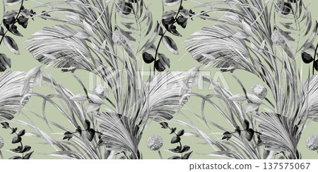 A seamless botanical black and white pattern painted in watercolor with plants for textiles and wallpaper designs A seamless botanical black and white pattern painted in watercolor with plants for textiles and wallpaper designs 137575067