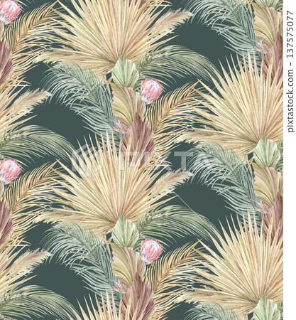 Seamless watercolor pattern with vertical tropical herbarium of dry palm leaves and pampas grass Seamless watercolor pattern with vertical tropical herbarium of dry palm leaves and pampas grass 137575077