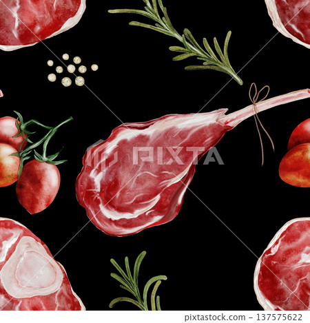 Fresh meat watercolor seamless pattern. Food clip art. Hand-drawn organic cow meat with black pepper and rosemary on a black background. Perfect for cookbook design, restaurant menus, and butcher shop 137575622