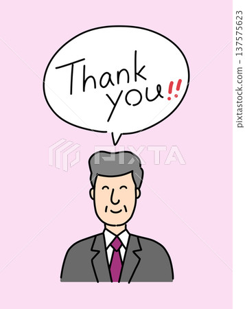 A friendly hand-drawn illustration of a middle-aged businessman expressing gratitude with a smile. Stylish and simple vector material 137575623