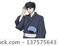 A young man wearing a yukata and holding a fan in his obi. Summer festival 137575643