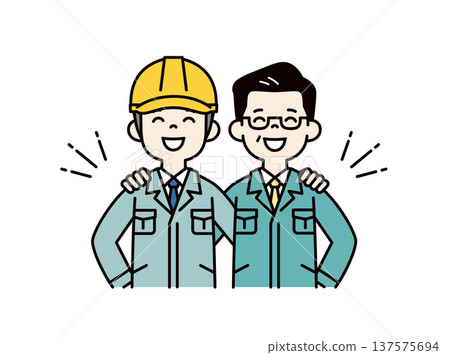 A vector illustration of a construction site supervisor wearing a helmet and a construction company president standing together on each other's shoulders 137575694