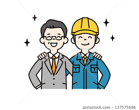 一位商人和一位身著工作服的男員工高興地互相摟著肩膀，上半身向量圖 137575696