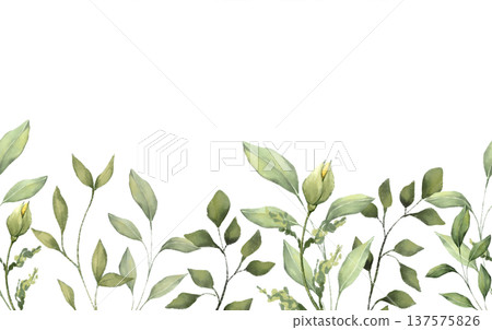 Seamless horizontal border with green leaves and buds in a hand drawn illustration. Suitable for wedding invitations, textile prints, washi tape and floral packaging design. Seamless horizontal border with green leaves and buds in a hand drawn illustration. Suitable for wedding invitations, textile prints, washi tape and floral packaging design. 137575826