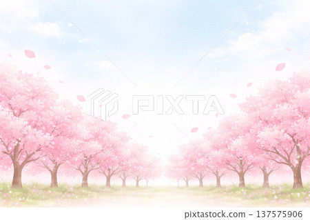 Cherry Blossom Series: Background material of a distant view of cherry blossom trees and a vast sky 137575906