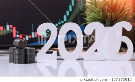 Miniature oil barrels beside 2026 numbers with a bullish financial chart, symbolizing oil price expectations 137575913