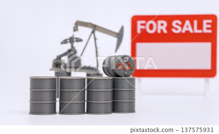 For Sale Sign with Oil Barrels and Pumpjack on White 137575931