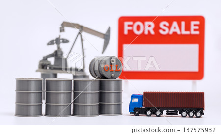 Oil Barrels, For Sale Sign and Cargo Truck Energy Trade Concept 137575932