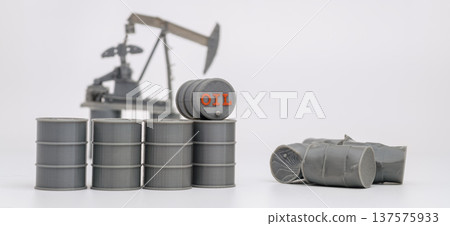 Oil Barrels and Pumpjack with Fallen Barrel on White 137575933