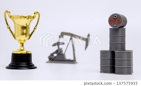 Trophy, Oil Barrels and Pumpjack Success Energy Concept 137575935