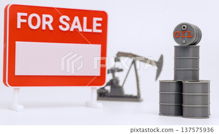 For Sale Sign with Oil Barrels and Pumpjack Copy Space 137575936