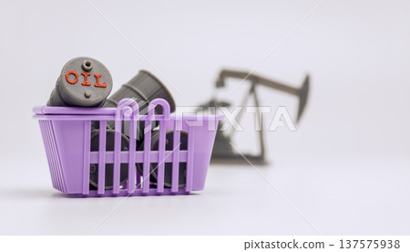 Shopping Basket with Oil Barrels and Pumpjack Background 137575938