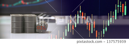 miniature oil barrels placed on a reflective surface against a glowing candlestick trading chart background. Concept of crude oil prices, energy market volatility, commodity trading, investment risk, miniature oil barrels placed on a reflective surface against a glowing candlestick trading chart background. Concept of crude oil prices, energy market volatility, commodity trading, investment risk, 137575939
