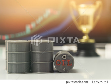 Oil Profit Success Concept with Miniature Barrels, Trophy and Rising Market Chart 137575941